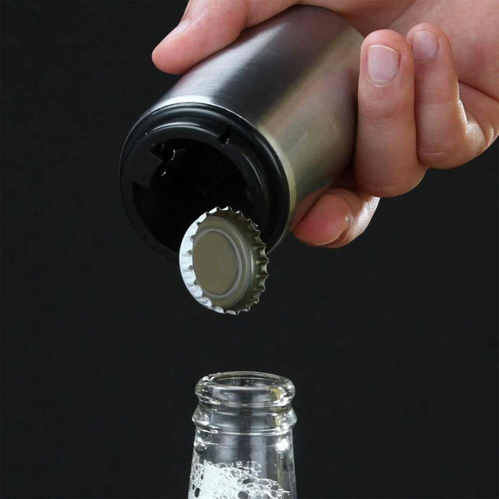 Magnetic Push-Down Bottle Opener – Stainless Steel, Reusable Cap Friendly