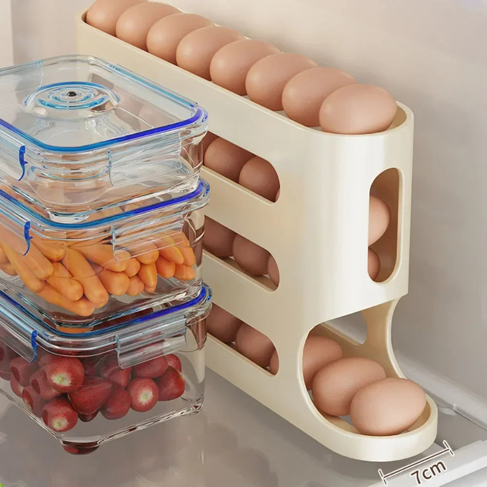 Automatic Rolling Egg Holder – 4-Layer Fridge Organizer | Space-Saving, Easy Access, Sleek Storage