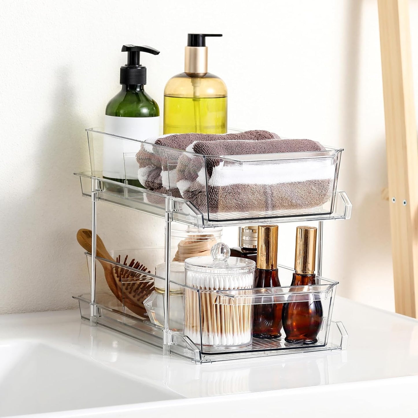 2-Tier Clear Slide-Out Organizer Set – Multiuse Storage for Kitchen, Pantry & Bathroom