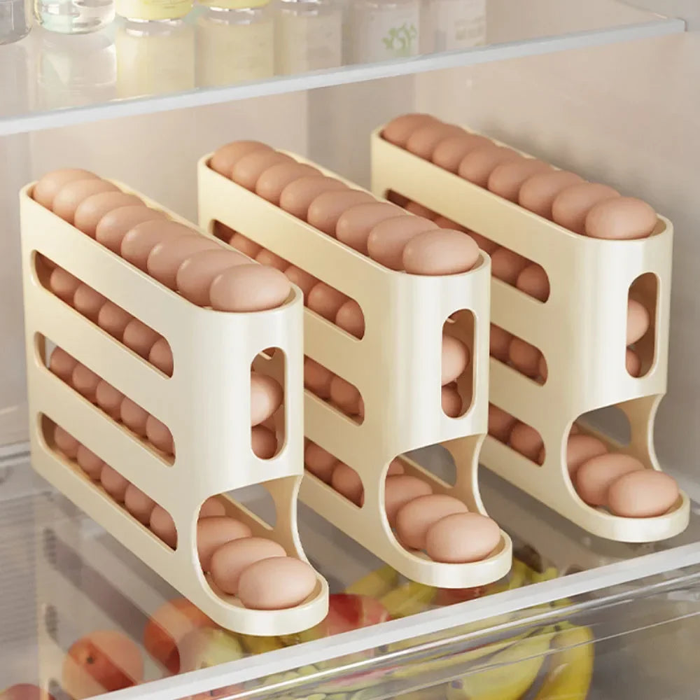 Automatic Rolling Egg Holder – 4-Layer Fridge Organizer | Space-Saving, Easy Access, Sleek Storage