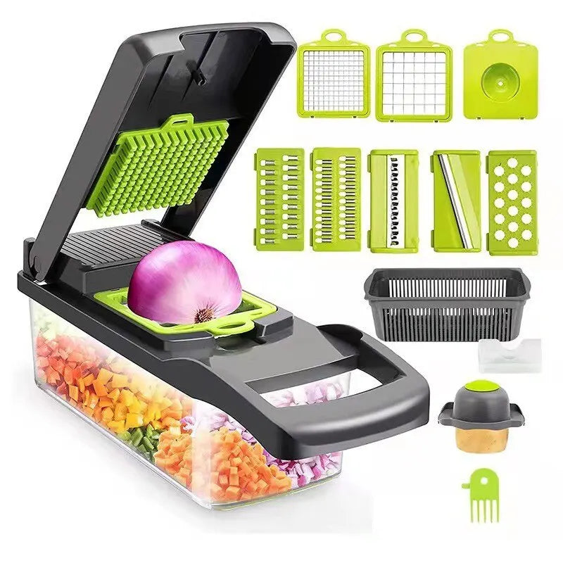 12-in-1 Green & Black Vegetable Chopper – Multifunctional Cutter with Safety Basket