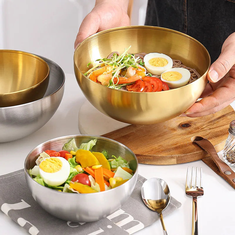 Korean Stainless Steel Multipurpose Bowl – Golden & Silver Round Salad/Noodle Basin (15cm–28cm)