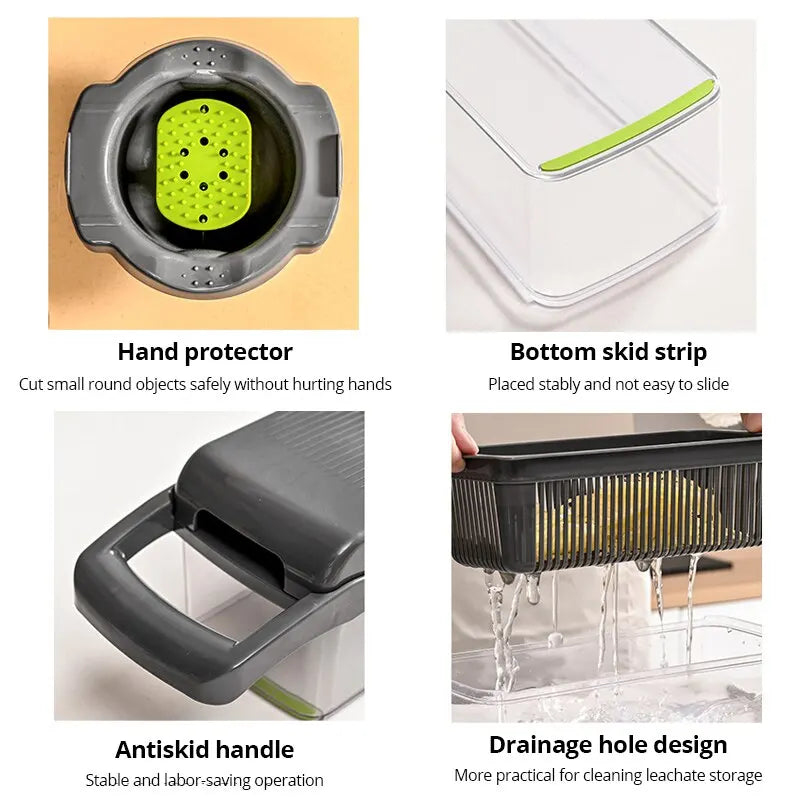 12-in-1 Green & Black Vegetable Chopper – Multifunctional Cutter with Safety Basket
