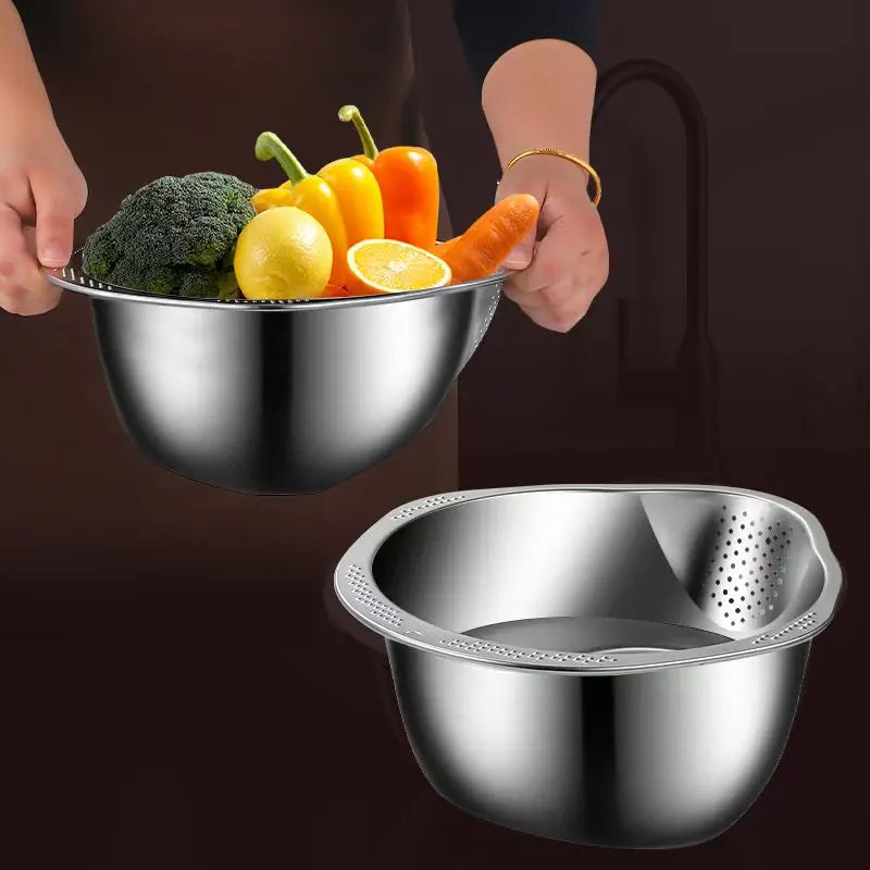 Stainless Steel Rice Washer & Strainer Bowl – 304 Steel Colander for Grains, Fruits & Veggies