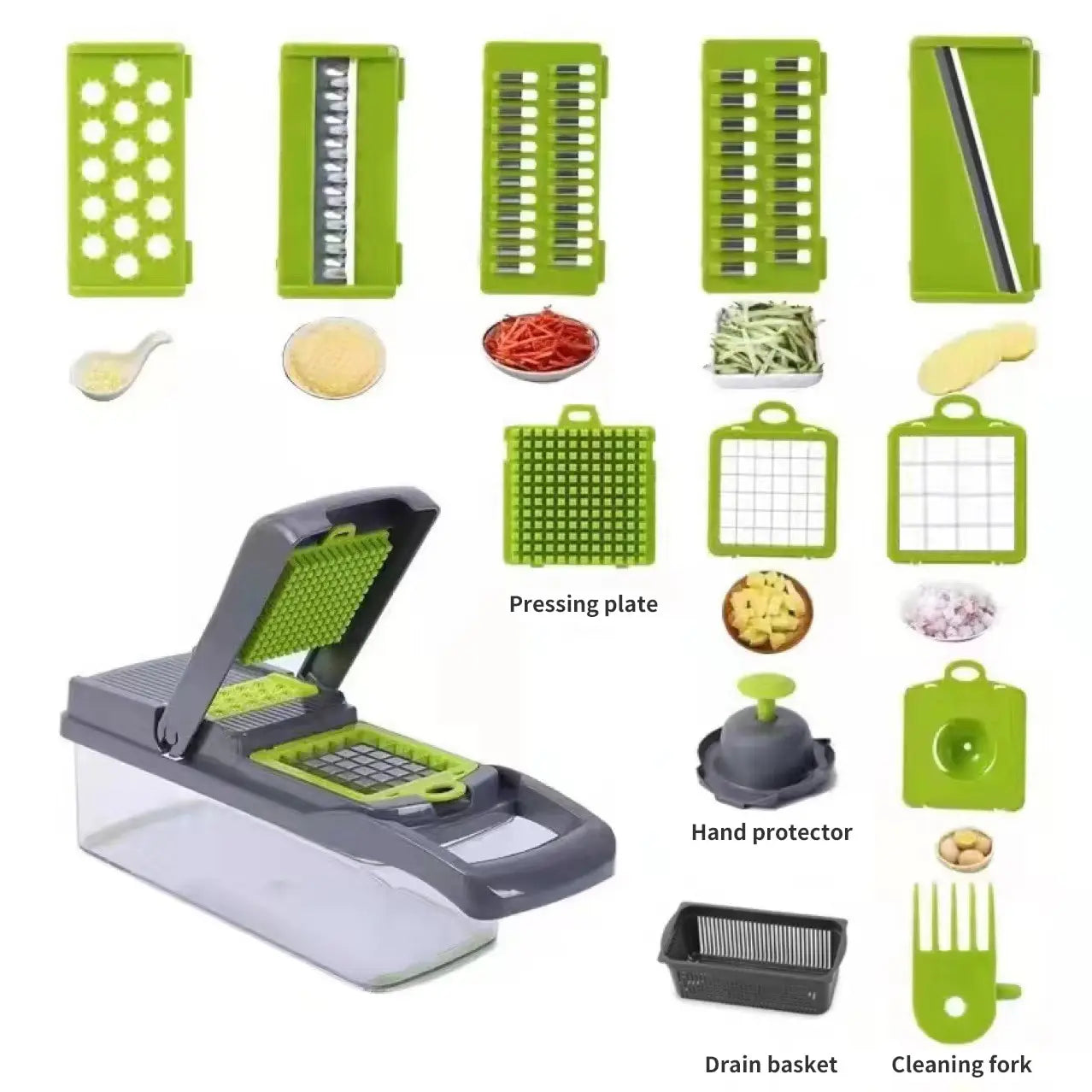 12-in-1 Green & Black Vegetable Chopper – Multifunctional Cutter with Safety Basket