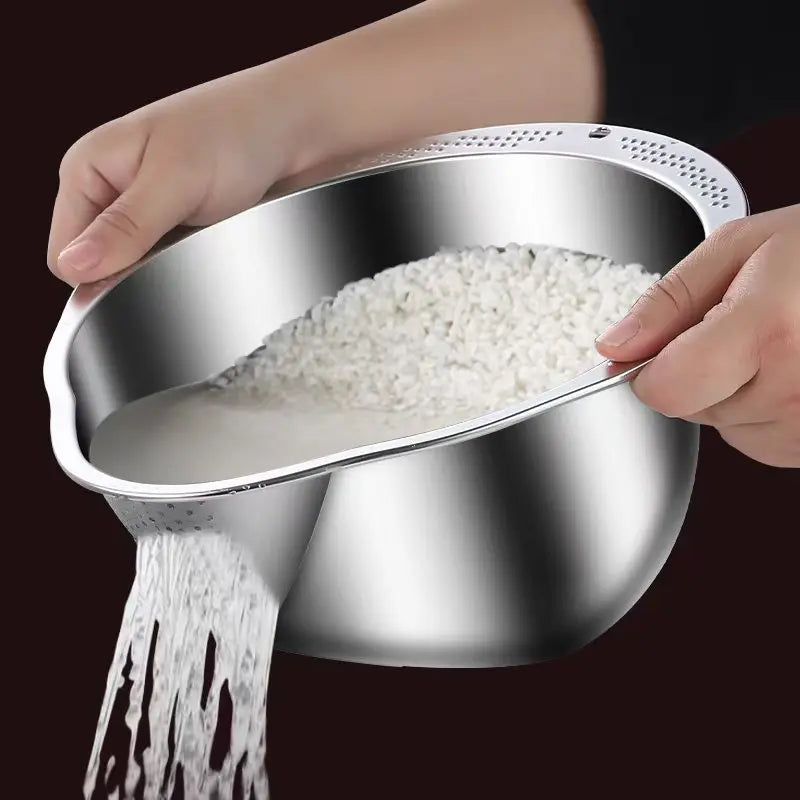Stainless Steel Rice Washer & Strainer Bowl – 304 Steel Colander for Grains, Fruits & Veggies