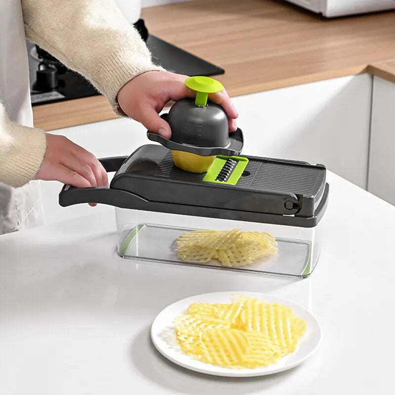 12-in-1 Green & Black Vegetable Chopper – Multifunctional Cutter with Safety Basket