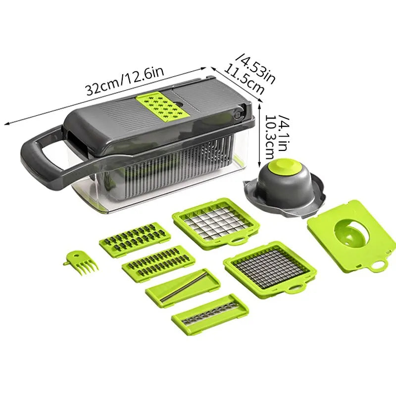 12-in-1 Green & Black Vegetable Chopper – Multifunctional Cutter with Safety Basket