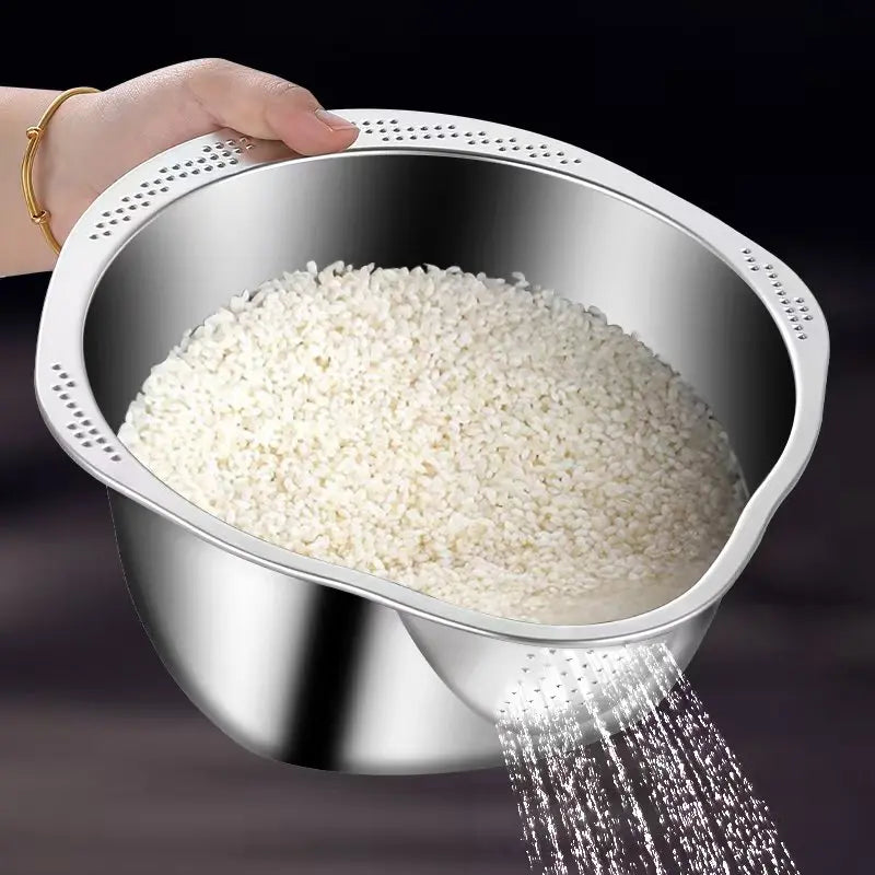 Stainless Steel Rice Washer & Strainer Bowl – 304 Steel Colander for Grains, Fruits & Veggies