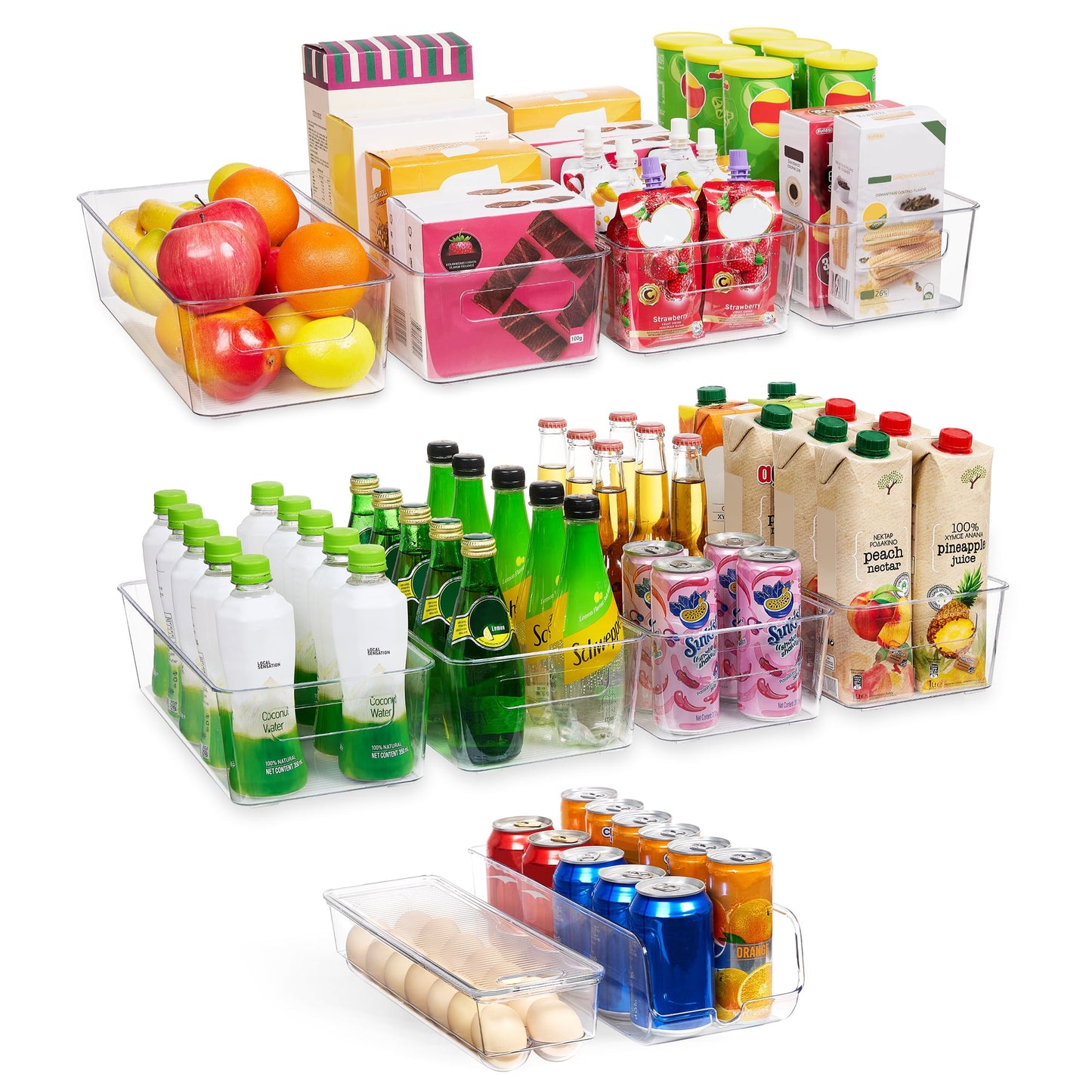 10PCS Fridge & Pantry Organizer Set – Clear Bins with Handles, Egg & Can Holders