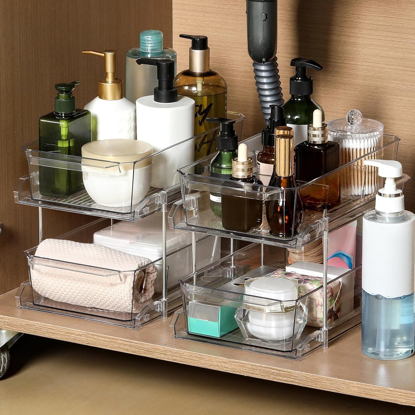 2-Tier Clear Slide-Out Organizer Set – Multiuse Storage for Kitchen, Pantry & Bathroom