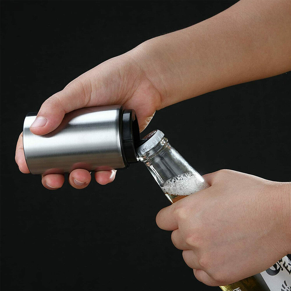 Magnetic Push-Down Bottle Opener – Stainless Steel, Reusable Cap Friendly