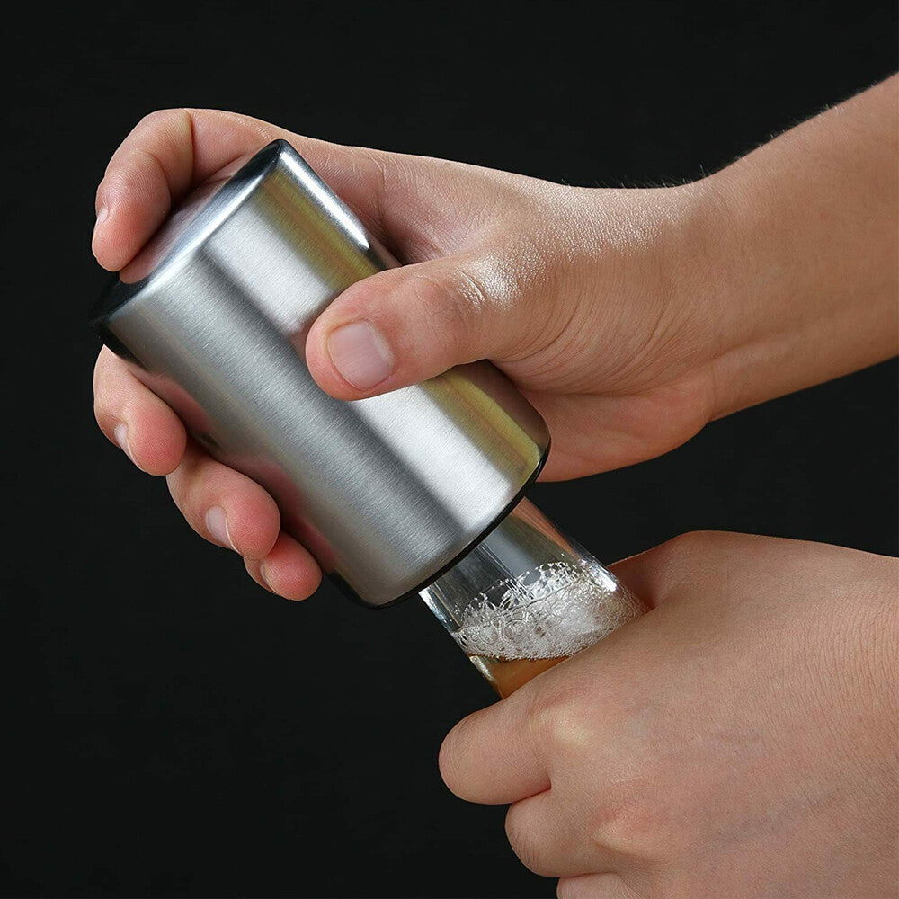 Magnetic Push-Down Bottle Opener – Stainless Steel, Reusable Cap Friendly