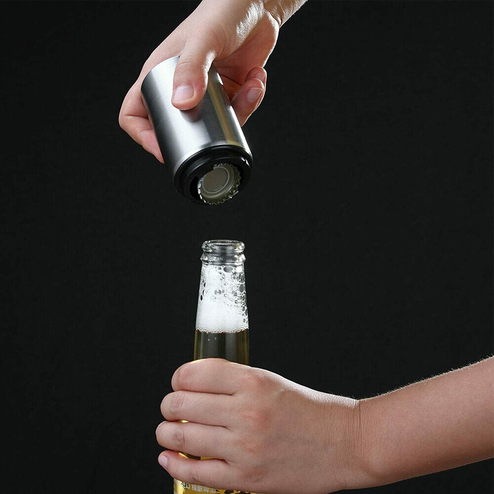 Magnetic Push-Down Bottle Opener – Stainless Steel, Reusable Cap Friendly