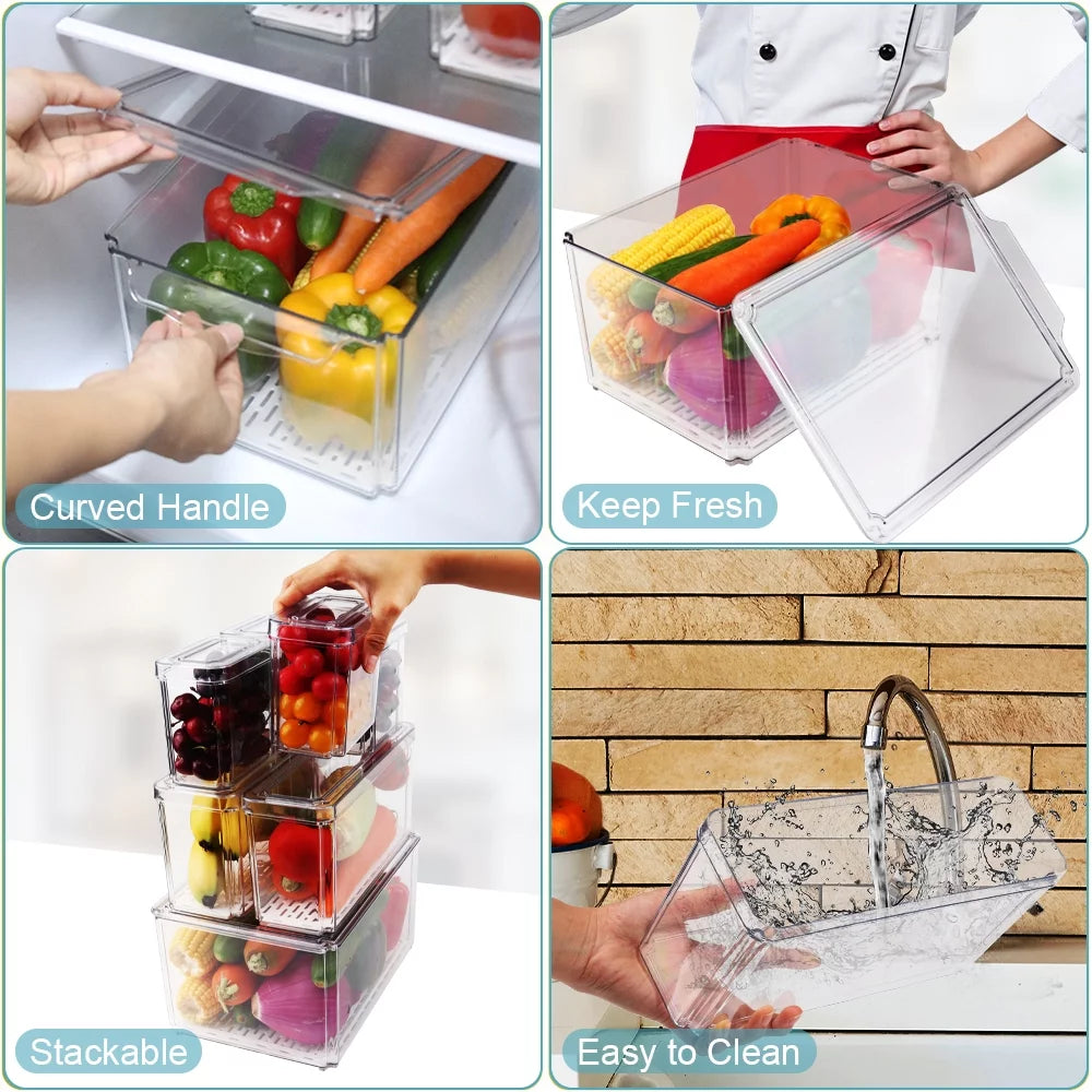 7PCS Fridge Organizer Bin Set – Stackable Clear Storage with Lids & Drain Tray