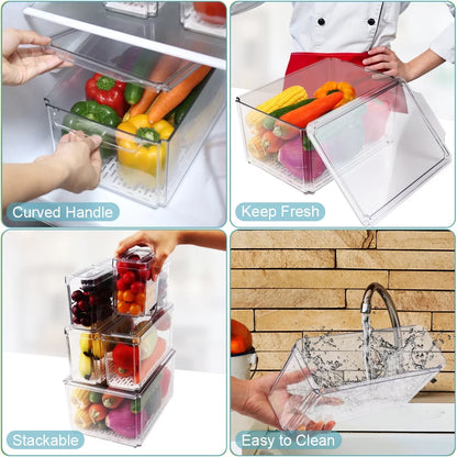 7PCS Fridge Organizer Bin Set – Stackable Clear Storage with Lids & Drain Tray