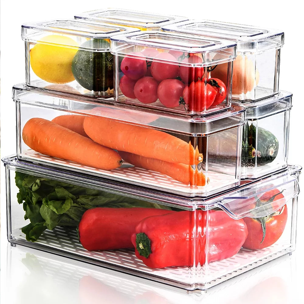 7PCS Fridge Organizer Bin Set – Stackable Clear Storage with Lids & Drain Tray