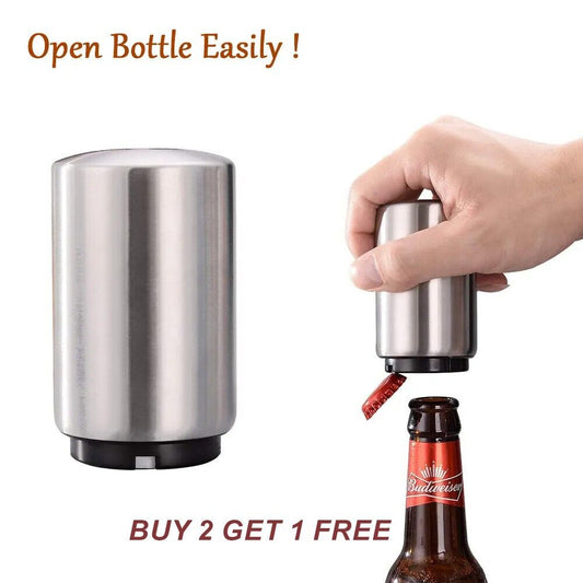 Magnetic Push-Down Bottle Opener – Stainless Steel, Reusable Cap Friendly