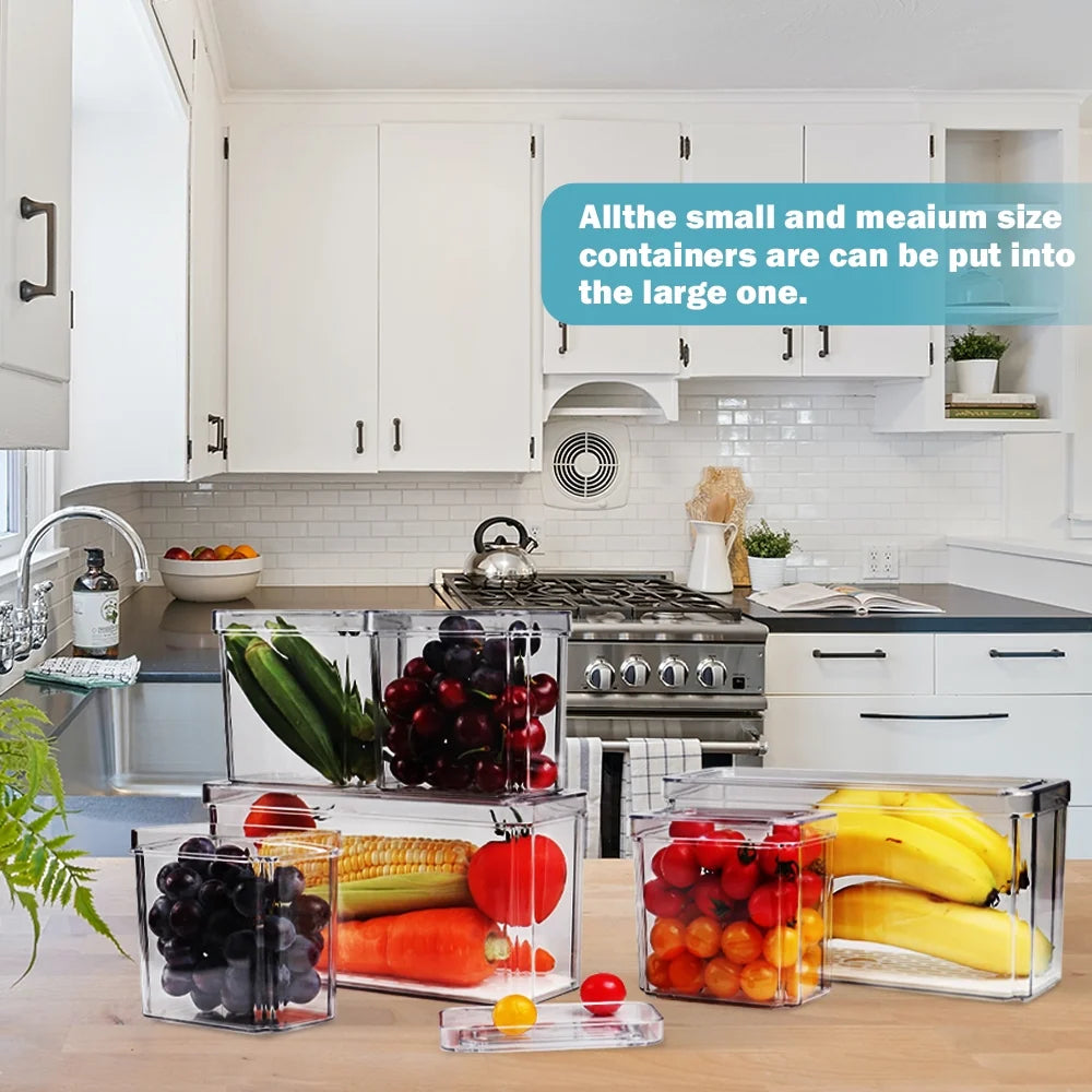 7PCS Fridge Organizer Bin Set – Stackable Clear Storage with Lids & Drain Tray