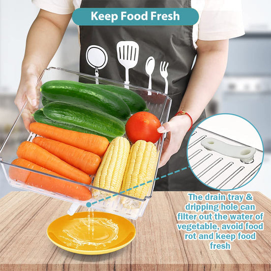 7PCS Fridge Organizer Bin Set – Stackable Clear Storage with Lids & Drain Tray