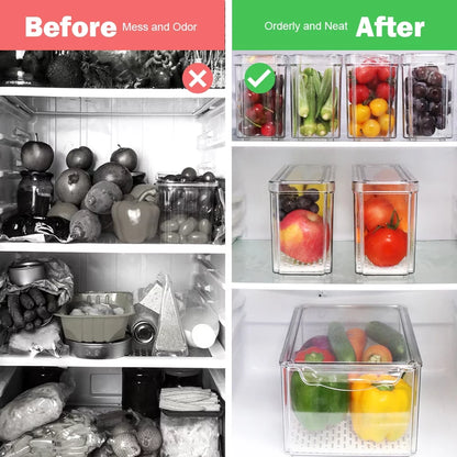 7PCS Fridge Organizer Bin Set – Stackable Clear Storage with Lids & Drain Tray
