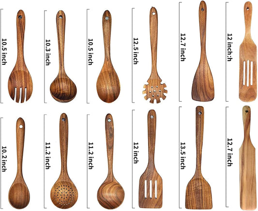 12PCS Teak Wood Utensil Set – Handcrafted Non-Stick Safe Kitchen Tools
