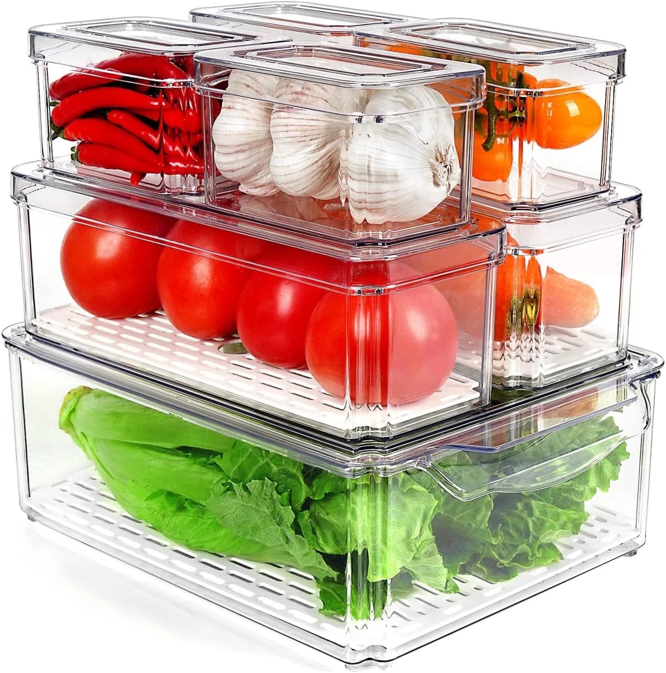 7PCS Fridge Organizer Bin Set – Stackable Clear Storage with Lids & Drain Tray