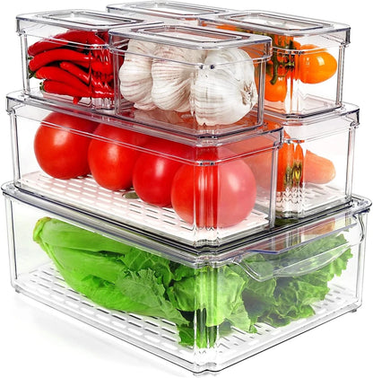 7PCS Fridge Organizer Bin Set – Stackable Clear Storage with Lids & Drain Tray