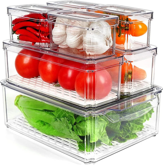 7PCS Fridge Organizer Bin Set – Stackable Clear Storage with Lids & Drain Tray