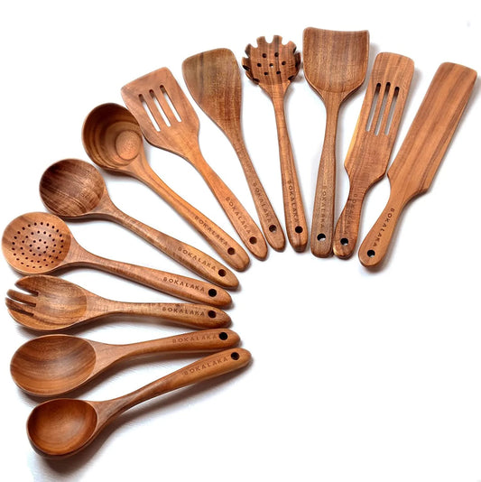 12PCS Teak Wood Utensil Set – Handcrafted Non-Stick Safe Kitchen Tools