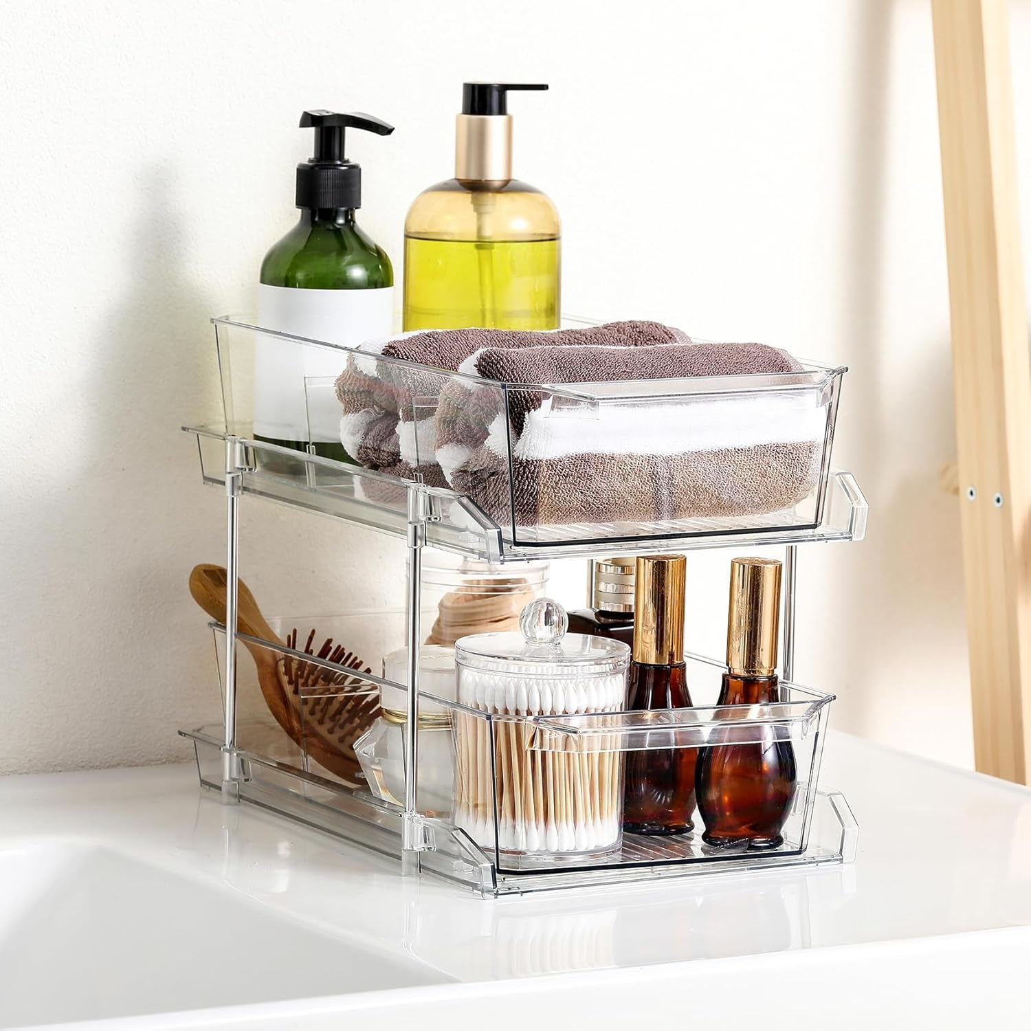 2-Tier Clear Slide-Out Organizer Set – Multiuse Storage for Kitchen, Pantry & Bathroom