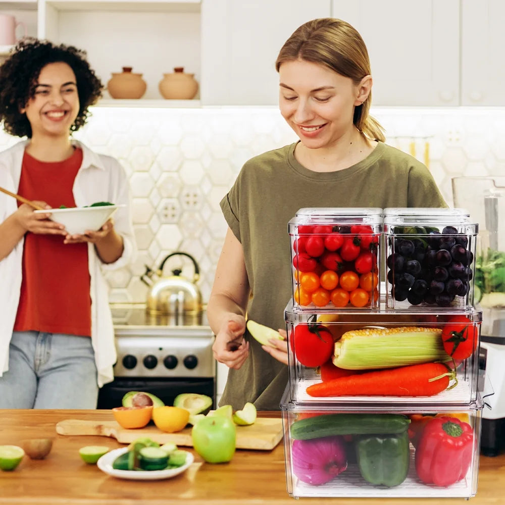 7PCS Fridge Organizer Bin Set – Stackable Clear Storage with Lids & Drain Tray