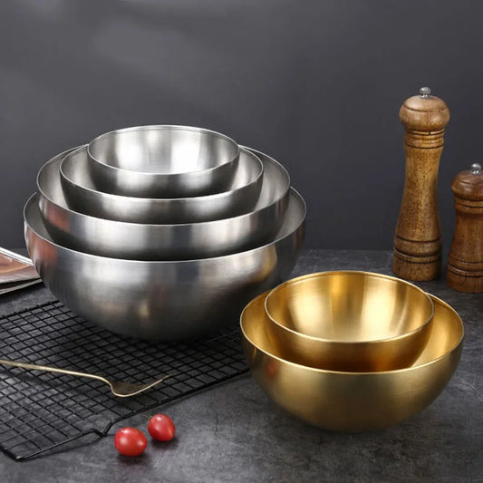 Korean Stainless Steel Multipurpose Bowl – Golden & Silver Round Salad/Noodle Basin (15cm–28cm)