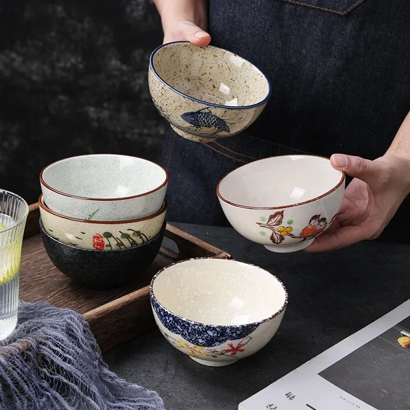  Japanese Retro Ceramic Rice Bowl – 4.5-Inch Household Tableware for Soup & Side Dishes