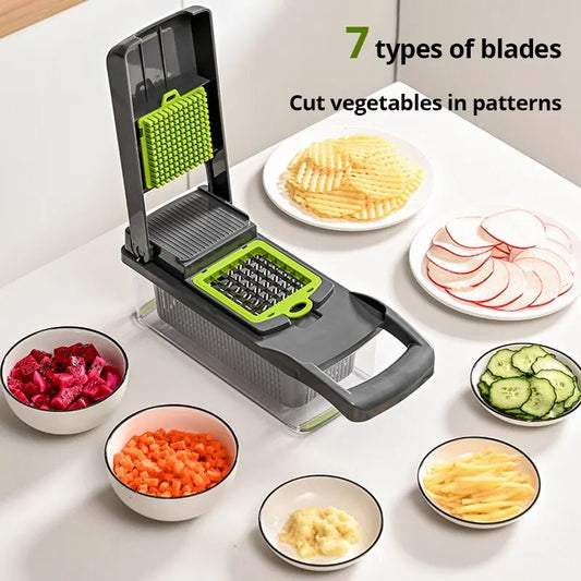12-in-1 Green & Black Vegetable Chopper – Multifunctional Cutter with Safety Basket