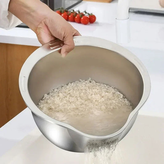 Stainless Steel Rice Washer & Strainer Bowl – 304 Steel Colander for Grains, Fruits & Veggies