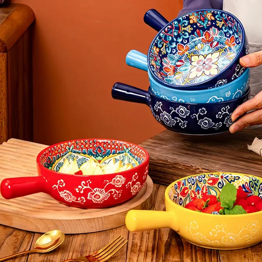 Bohemian Hand-Painted Ceramic Salad Bowl – Embossed Pattern with Handle (Microwave & Oven Safe)
