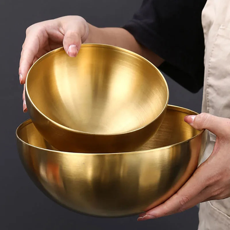 Korean Stainless Steel Multipurpose Bowl – Golden & Silver Round Salad/Noodle Basin (15cm–28cm)