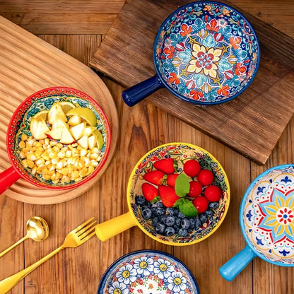 Bohemian Hand-Painted Ceramic Salad Bowl – Embossed Pattern with Handle (Microwave & Oven Safe)