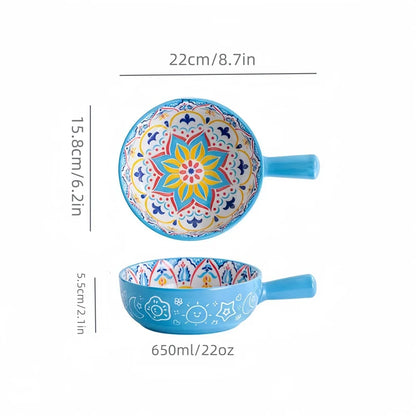 Bohemian Hand-Painted Ceramic Salad Bowl – Embossed Pattern with Handle (Microwave & Oven Safe)