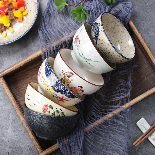  Japanese Retro Ceramic Rice Bowl – 4.5-Inch Household Tableware for Soup & Side Dishes