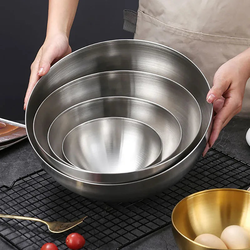 Korean Stainless Steel Multipurpose Bowl – Golden & Silver Round Salad/Noodle Basin (15cm–28cm)