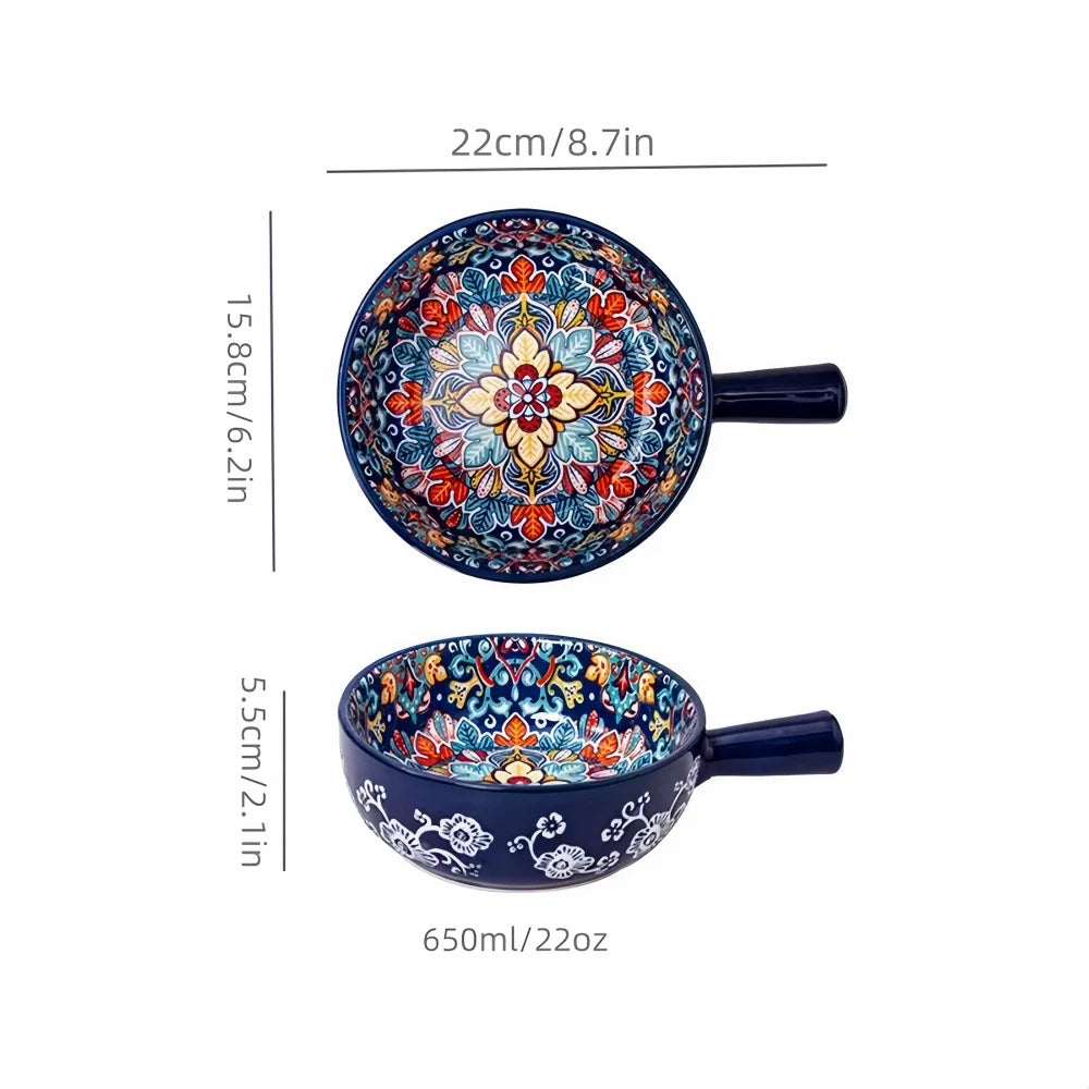 Bohemian Hand-Painted Ceramic Salad Bowl – Embossed Pattern with Handle (Microwave & Oven Safe)