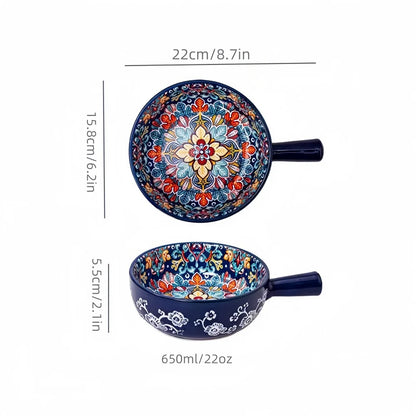 Bohemian Hand-Painted Ceramic Salad Bowl – Embossed Pattern with Handle (Microwave & Oven Safe)