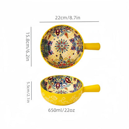 Bohemian Hand-Painted Ceramic Salad Bowl – Embossed Pattern with Handle (Microwave & Oven Safe)