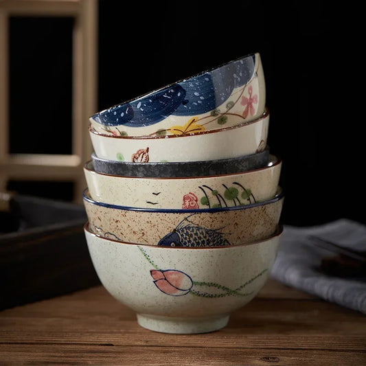  Japanese Retro Ceramic Rice Bowl – 4.5-Inch Household Tableware for Soup & Side Dishes