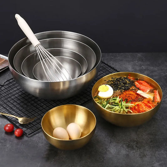 Korean Stainless Steel Multipurpose Bowl – Golden & Silver Round Salad/Noodle Basin (15cm–28cm)