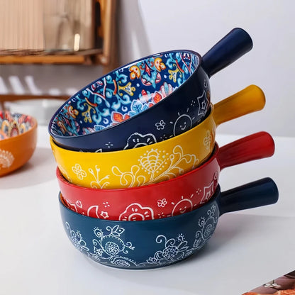 Bohemian Hand-Painted Ceramic Salad Bowl – Embossed Pattern with Handle (Microwave & Oven Safe)