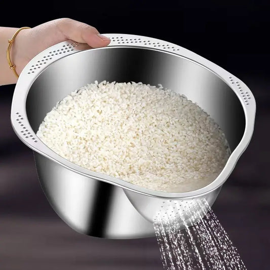 Stainless Steel Rice Washer & Strainer Bowl – 304 Steel Colander for Grains, Fruits & Veggies