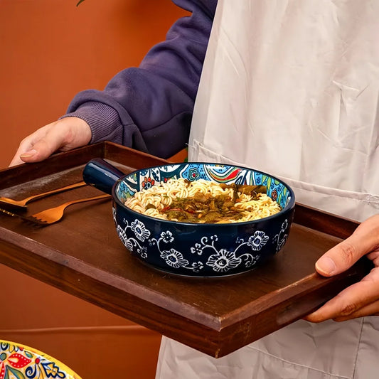 Bohemian Hand-Painted Ceramic Salad Bowl – Embossed Pattern with Handle (Microwave & Oven Safe)